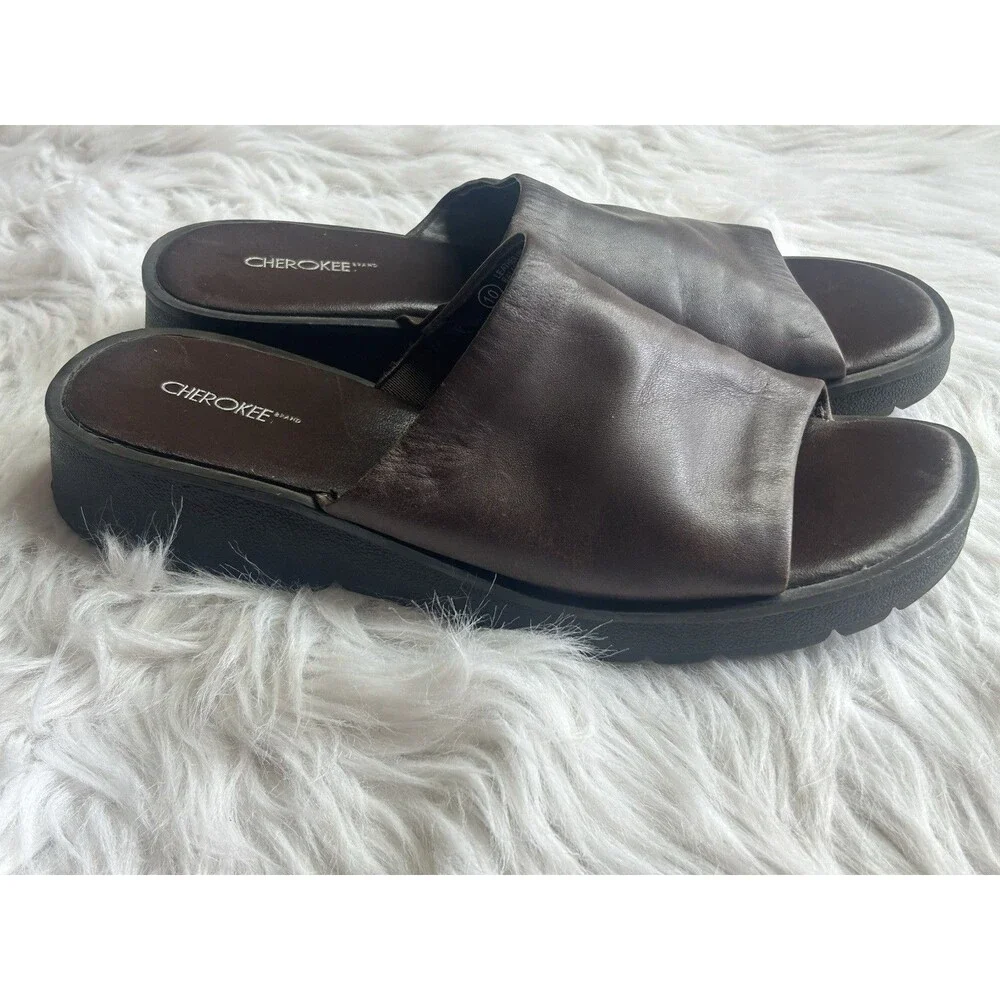 Cherokee Women's 10 Brown Leather Chunky Platform Vintage Style Comfort Slides